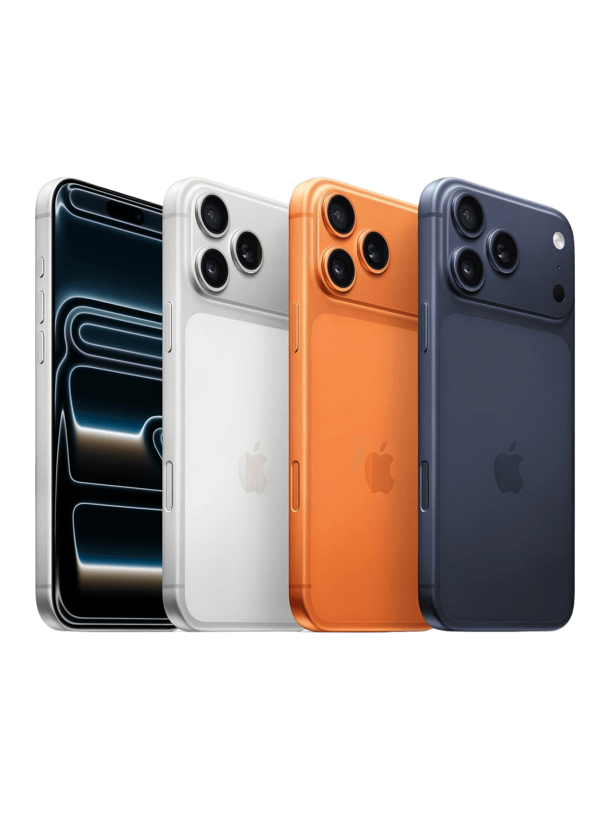 Four iPhone models shown in white, orange and deep blue finishes
